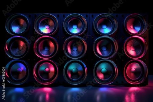 design for Group of sound speakers in neon light on black. generative ai