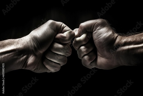 design for Image close up clash of two fists on black background. Concept of confrontation, competition etc. generative ai