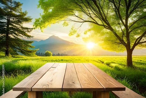 table in the park and green field by AI generating