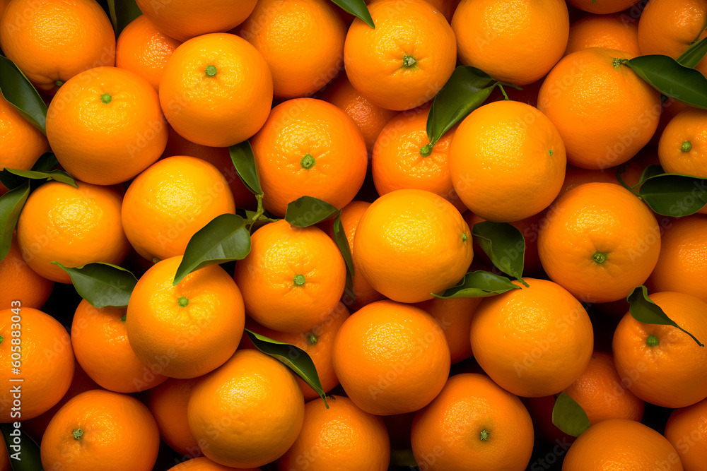 Background of fresh mandarins or oranges with green leaves. Generative AI Background of fresh mandarins or oranges with green leaves. Generative AI