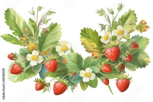 design for Watercolor frame of wild strawberry leaves, berries and flowers generative ai