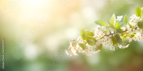 Flowering bird cherry branch with green leaves in soft light on a blurred background. Floral banner. Generative AI