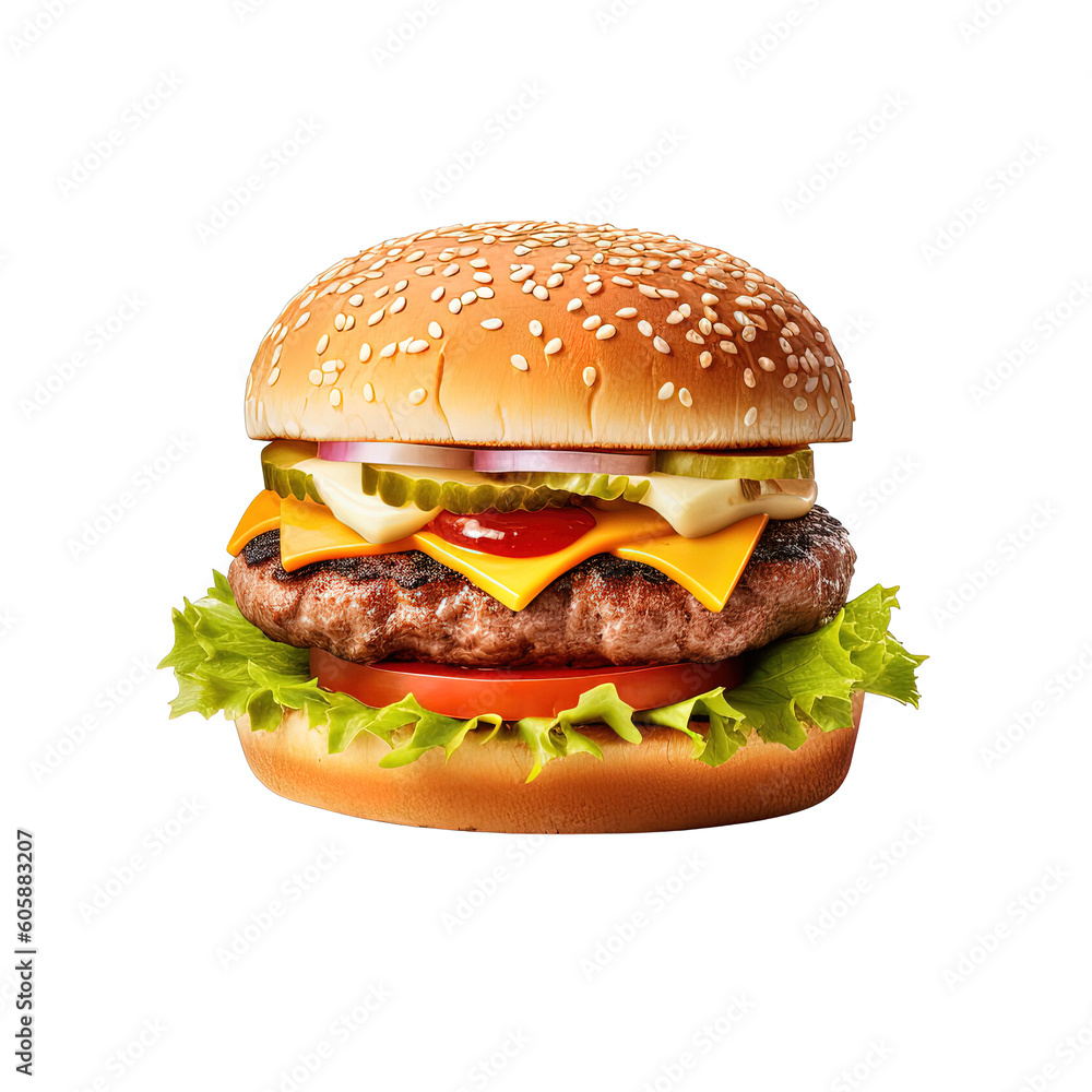 Delicious burger isolated on transparent background. Created with Generative AI Technology Delicious burger isolated on transparent background. Created with Generative AI Technology