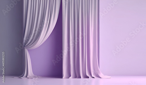 Fototapeta Naklejka Na Ścianę i Meble -  Mock up. Violet purple empty wall in room with silk curtain drapes. Template for product presentation. Living, gallery, studio, office concept