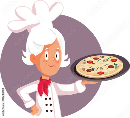 Italian Grandma Cooking a Delicious Pizza Vector Cartoon Illustration. Senior chef serving a Mediterranean dish on a plate
