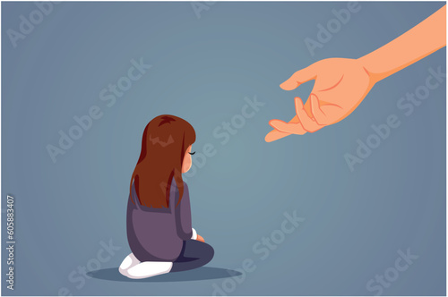 Helping Hand Trying to Protect Little Girl Suffering Vector Illustration. Adoptive parent supporting a lonely sensitive child 
