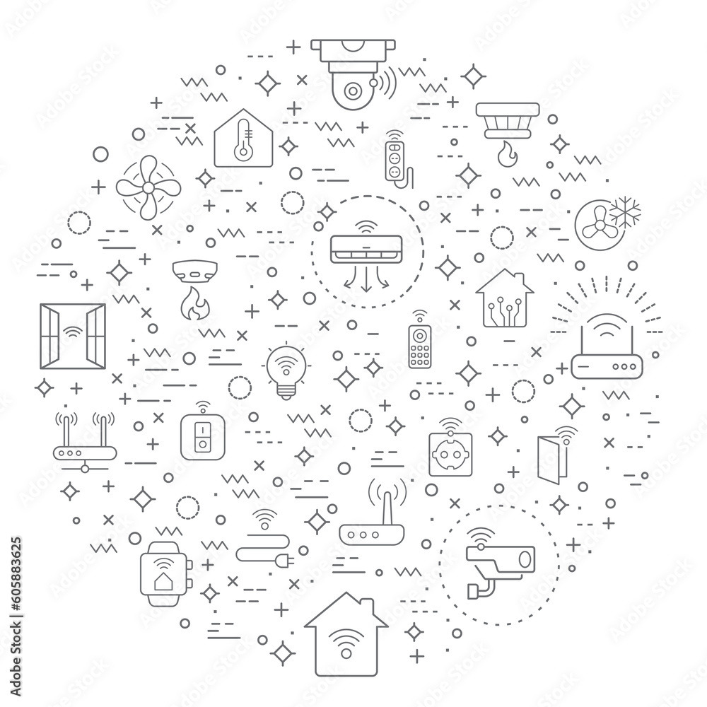 Simple Set of smart home and devices Related Vector Line Illustration. Contains such Icons as house, hub, door lock, sensor, control, smart watch, lighting, washing machine and Other Elements.