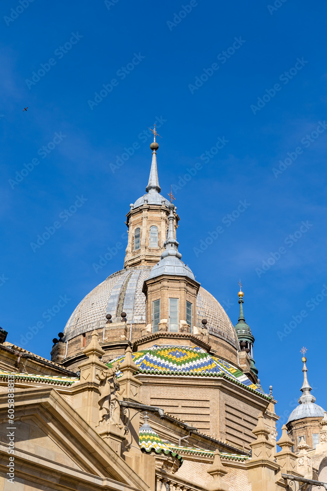 Zaragoza, Spain - May 01, 2023: details of the buildings in the historic center of the city of Zaragoza, in this case, Basilica el Pilar, in Zaragoza, Spain