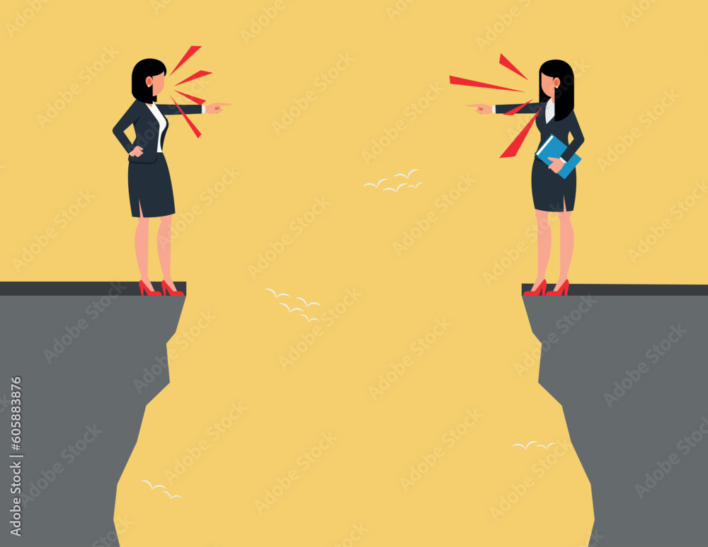 Employee relationship problems in the organization. Two businesswomen are arguing while standing on a cliff.