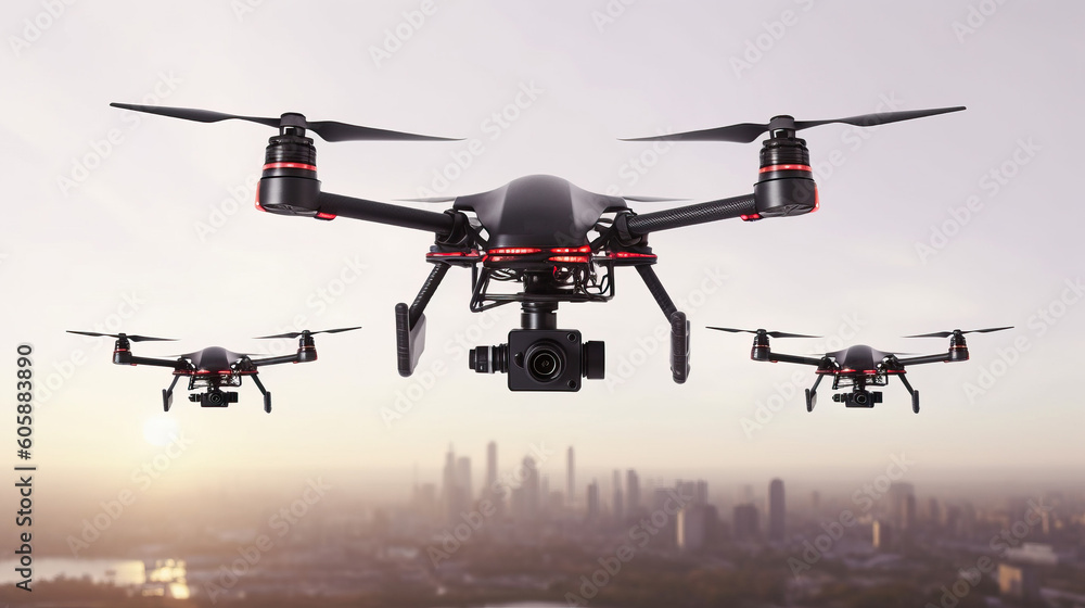 Fototapeta premium Three black drones fly over the town in the morning sunlight. AI generation