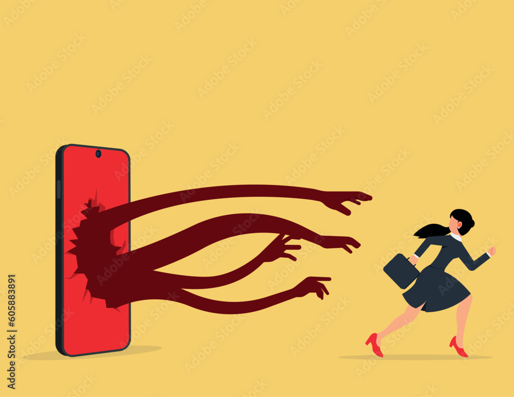 Businesswomen running away from mobile phone. Dangers of mobile phones and social media Businesswomen running away from mobile phone. Dangers of mobile phones and social media