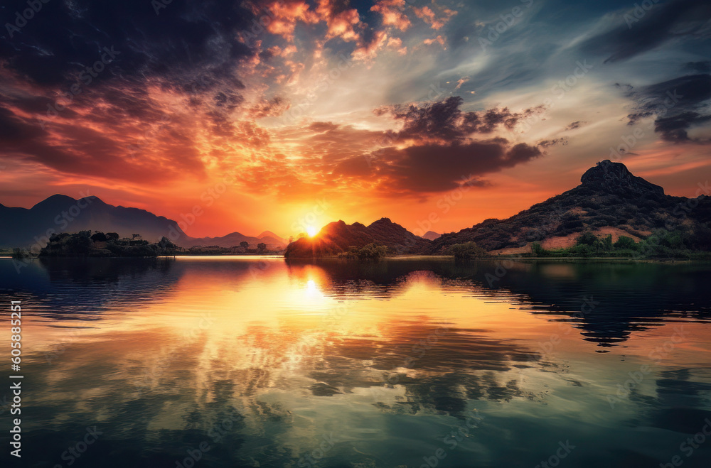 a colorful sunset over a mountain lake with clouds in the sky, impressive panoramas