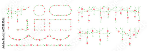 Vines with red flowers frames and borders, hanging vine curtain design, botanical elements vector illustration set