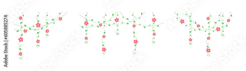 Vines with red flowers hanging vine curtain design, botanical elements vector illustration set