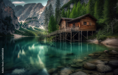 a house is docked near a lake in the mountains