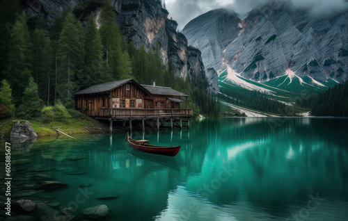 a house is docked near a lake in the mountains