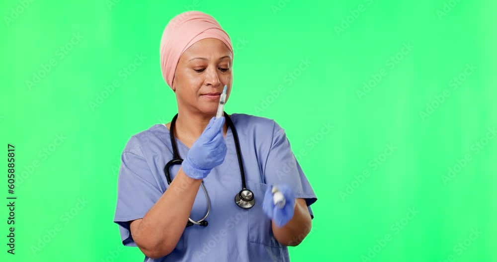 Needle, green screen and woman doctor isolated on a studio background for medical service, vaccine or healthcare. Medicine, syringe and healthcare surgeon, muslim person or nurse in safety and mockup Needle, green screen and woman doctor isolated on a studio background for medical service, vaccine or healthcare. Medicine, syringe and healthcare surgeon, muslim person or nurse in safety and mockup
