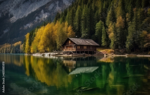 a wood cottage is located on a lake in the mountains