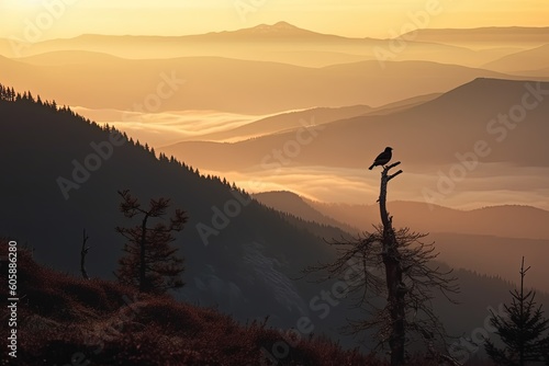 design for Mountain landscape at dawn with a bird on a branch. generative ai