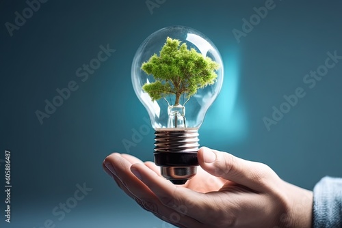 design for Renewable energy concept. Hand holds a light bulb with green grass and a tree inside on a blue background. generative ai