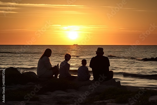 design for Family watching the sunset at sea. Beautiful seascape. generative ai
