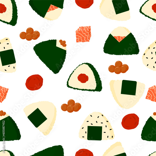 Seamless pattern of various onigiri with tuna, dried plum or umeboshi, and egg fish for restaurant wallpaper