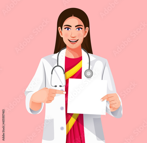 Front view blissful female doctor pointing at blank signboard on isolated background. Holding placard for advertising banner, good poster for ad, offer or announcement, or paper billboard.