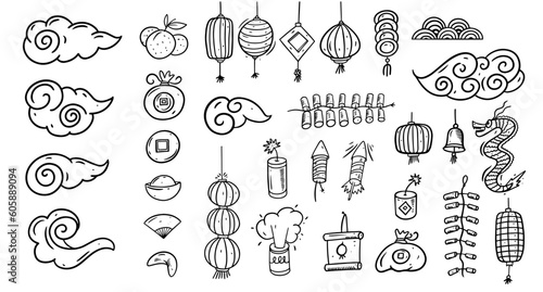 Chinese new year doodle set elements. Holiday objects hand drawn line art style.