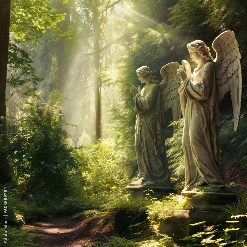 Angel statues in forest - Al generated image Angel statues in forest - Al generated image