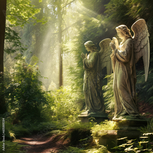 Angel statues in forest - Al generated image
