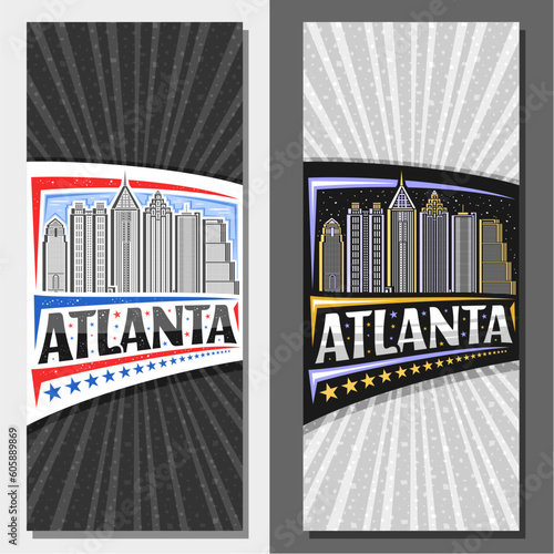 Vector vertical templates for Atlanta, decorative layout with line illustration of urban atlanta city scape on day and dusk sky background, art design tourist card with unique letters for word atlanta