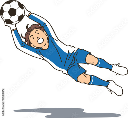 A football goalie jumping to catch the ball