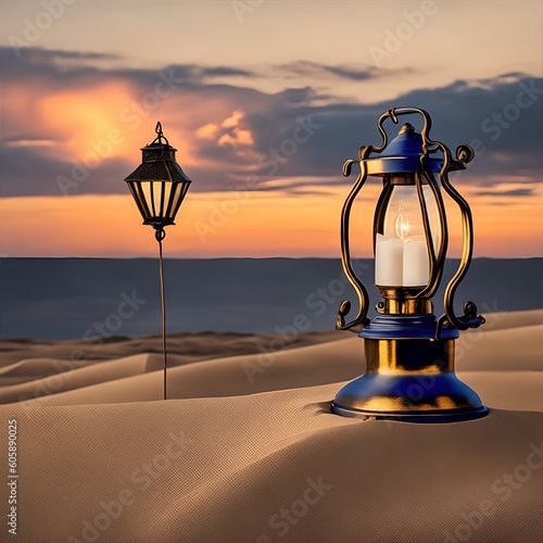 Gold vintage lantern in sand dunes with dark sky