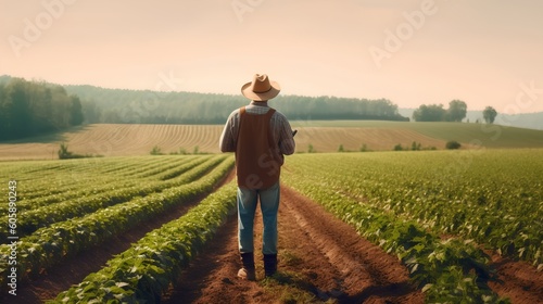 Agroecology, agriculture, and management. Farmer in the field with a tablet. Integration of technology in farming practices, enhancing productivity and sustainable agricultural systems. Generative AI