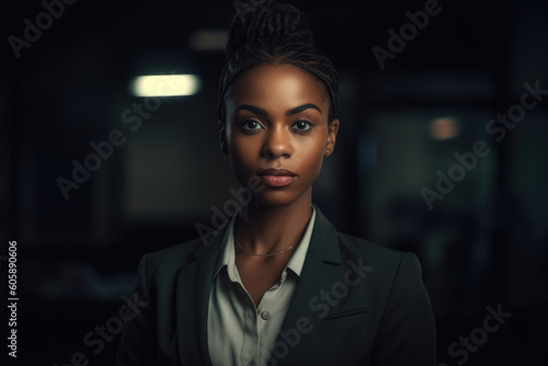 Bllack woman in a business suit standing in a confident pose. Woman's rights equality success of African-American people generative ai