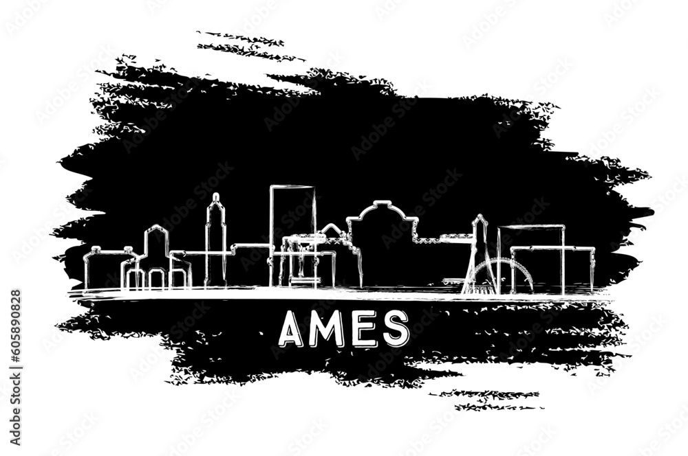 Ames Iowa City Skyline Silhouette. Hand Drawn Sketch. Business Travel and Tourism Concept with Modern Architecture.