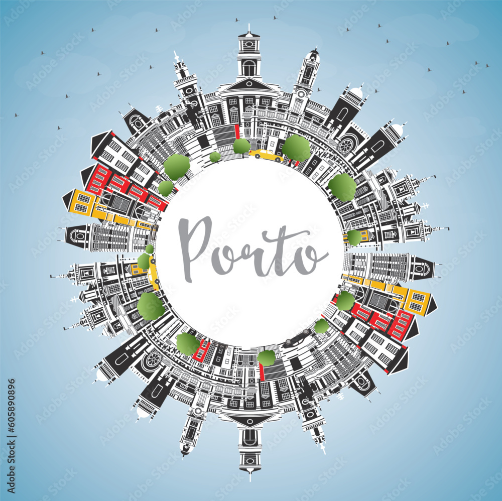 Porto Portugal City Skyline with Color Buildings, Blue Sky and Copy Space. Porto Cityscape with Landmarks.