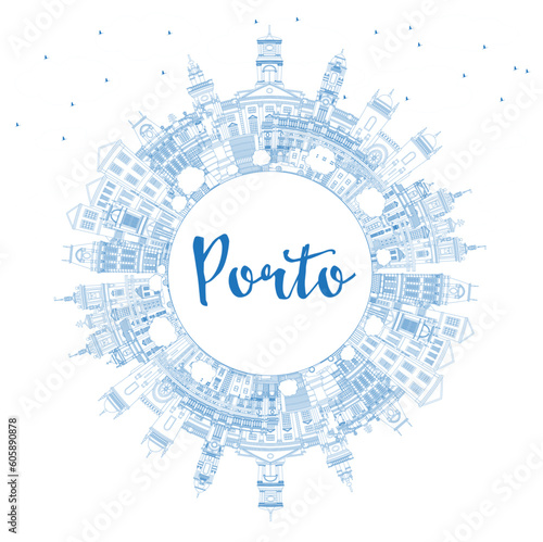 Outline Porto Portugal City Skyline with Blue Buildings and Copy Space. Porto Cityscape with Landmarks.
