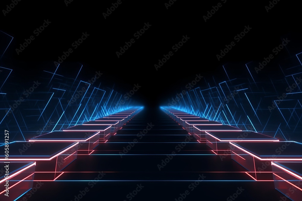 Naklejka premium Embracing the Future: Abstract Futuristic Design with Glowing Neon Lights and Geometric Backdrops, Generative AI.