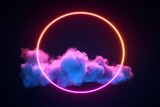 Abstract Cloud Illuminated with Neon Light Ring: A Mesmerizing Display of Glowing Geometric Shapes on a Dark Night Sky, Generative AI.