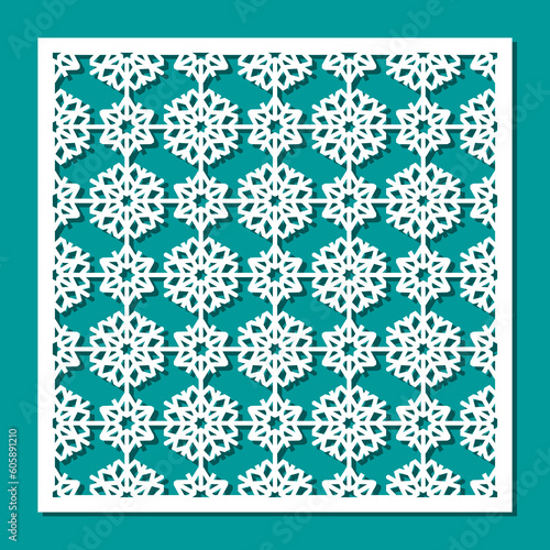 Square panel with snowflakes. Lattice, screen, lace decorative element, Christmas background. Template for plotter laser cutting of paper, fretwork, wood carving, metal engraving. Vector illustration.