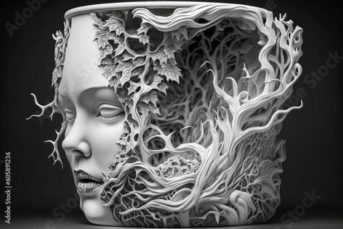 Mysterious porcelain like woman head with ominous ornaments and decorations. 3D rendered ancient sculpture style. Hell, recreation, dark fantasy concept. Fictional model. Made with Generative AI