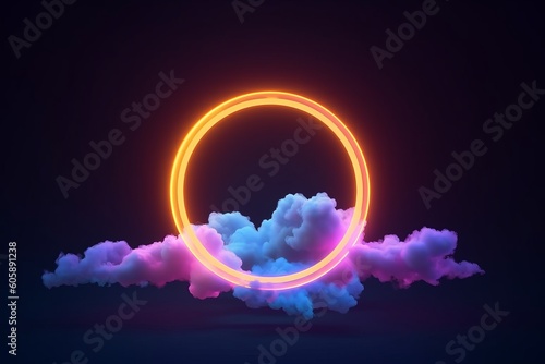 Abstract Cloud Illuminated with Neon Light Ring: A Mesmerizing Display of Glowing Geometric Shapes on a Dark Night Sky, Generative AI.