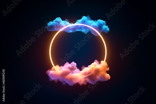 Abstract Cloud Illuminated with Neon Light Ring: A Mesmerizing Display of Glowing Geometric Shapes on a Dark Night Sky, Generative AI.