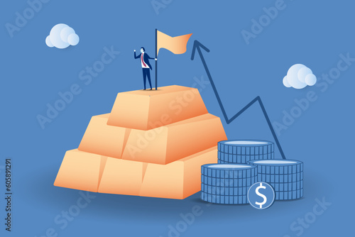 Gold investment, safe haven in financial crisis or wealth management and asset allocation concept, successful wealth manager businessman, vector illustration.