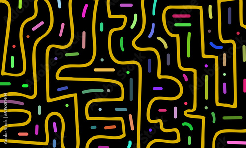 Abstract colorful pattern of lines and dots. Composition in the form of arbitrary multi-colored doodles on a black background. Vector illustration, EPS 10. Hippie space, labyrinth, horoscope, universe