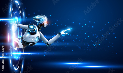 Digital technology hologram with robot in cyberspace.
Artificial intelligence with robot or cyborg woman. Sci-fi digital hi-tech in glowing HUD projector. Magic gate in game fantasy. Vector EPS10