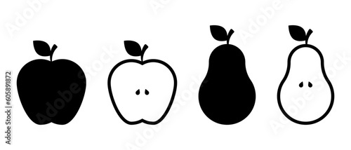 Apple, pear fruit vector icons set. Whole apples, slices, leaves seeds apples and pear. Healthy food symbol