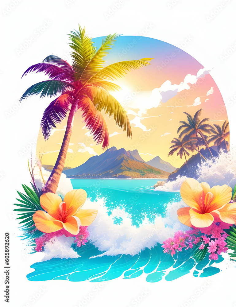 Palm tree in digital painting style with Generated AI , beautiful flowers, sunrise mountains and clouds , big sea waves, water splashes, white background, colorful fantasy flower sorround.