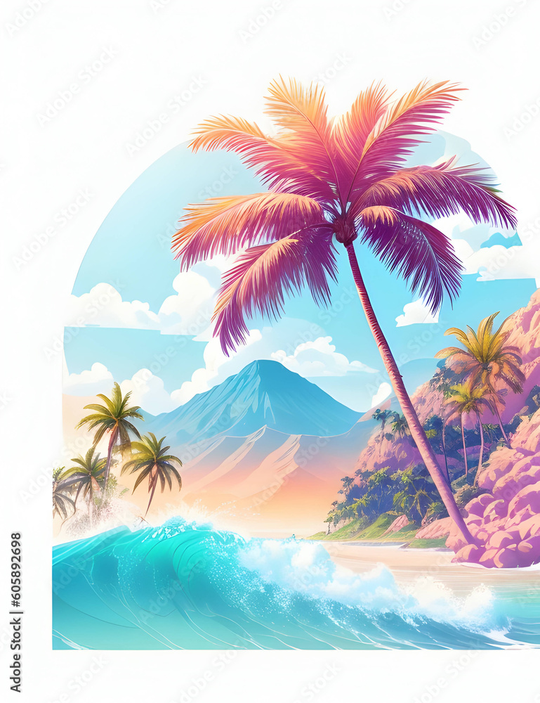 Palm tree in digital painting style with Generated AI , beautiful flowers, sunrise mountains and clouds , big sea waves, water splashes, white background, colorful fantasy flower sorround. Palm tree in digital painting style with Generated AI , beautiful flowers, sunrise mountains and clouds , big sea waves, water splashes, white background, colorful fantasy flower sorround.